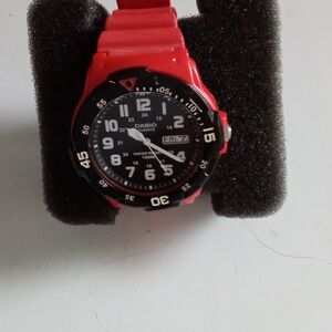 Casio MRW200H-4B Red Resin Diver Style Analog Watch Black Dial 100M Water Resist